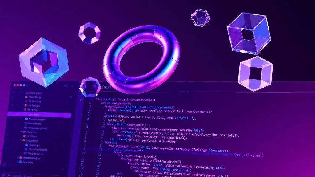 3D-Objekte schweben über einem modernen Code-Editor auf dunklem Hintergrund