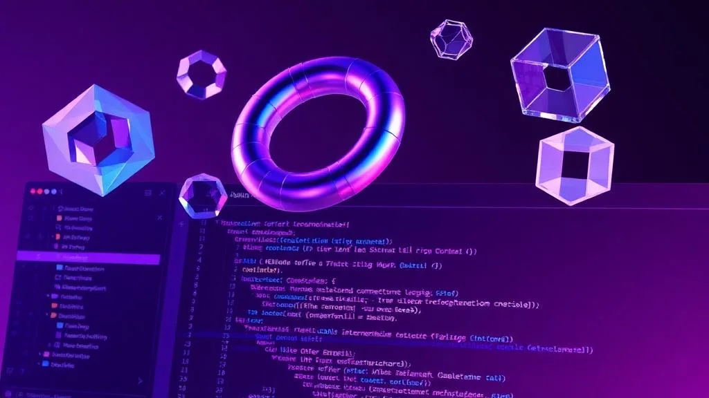 3D-Objekte schweben über einem modernen Code-Editor auf dunklem Hintergrund