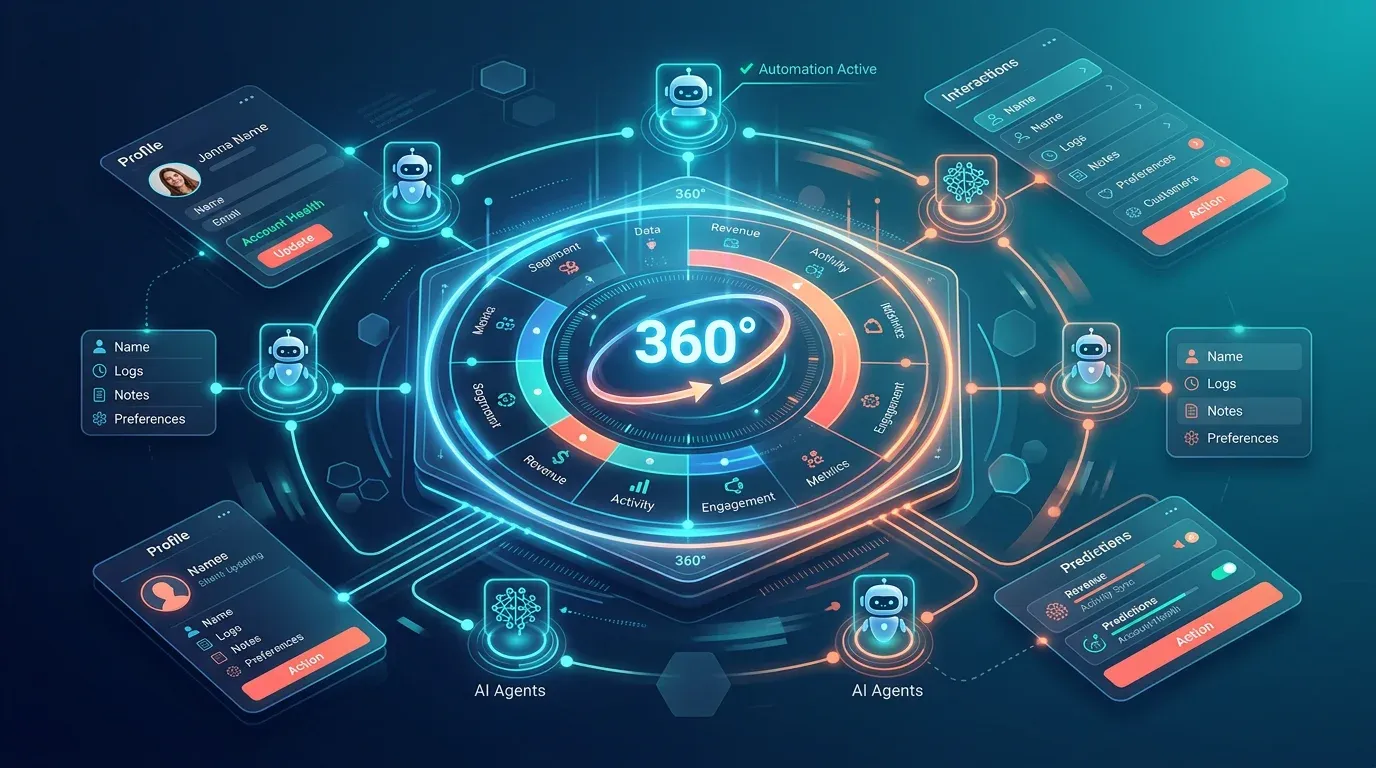 Futuristisches CRM-Dashboard mit 360-Grad-Kundensicht und AI-gestützter automatischer Datenpflege