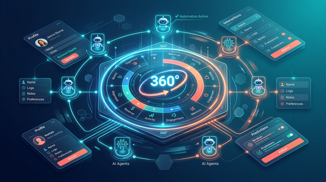 Futuristisches CRM-Dashboard mit 360-Grad-Kundensicht und AI-gestützter automatischer Datenpflege