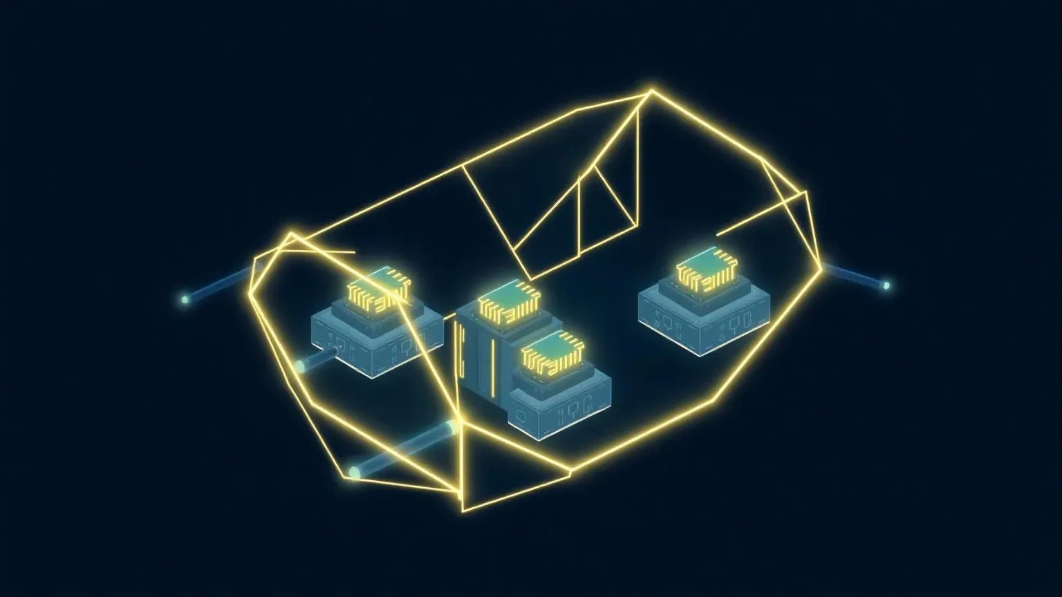 Abstract isometric illustration of a glowing exoskeleton frame cradling multiple small AI cores inside sandbox chambers