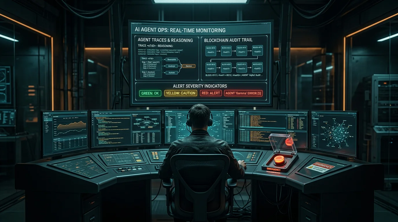 Dashboard zur Überwachung autonomer KI-Agenten mit Audit-Trail und Kill-Switch