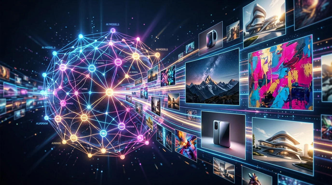 Collage aus AI-generierten Bildern mit neuronalen Netzwerk-Partikeln im Hintergrund