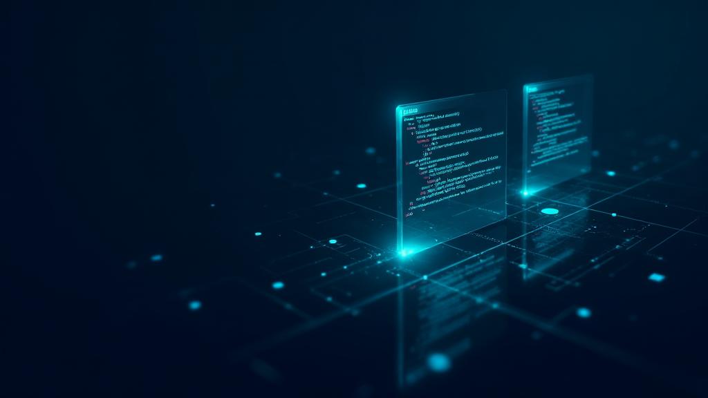 Futuristic code editor windows with turquoise and blue accents on dark background