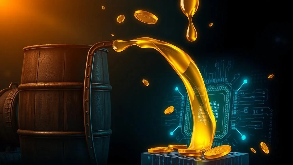 Golden oil flowing into a digital AI chip – symbolizing Token Economics