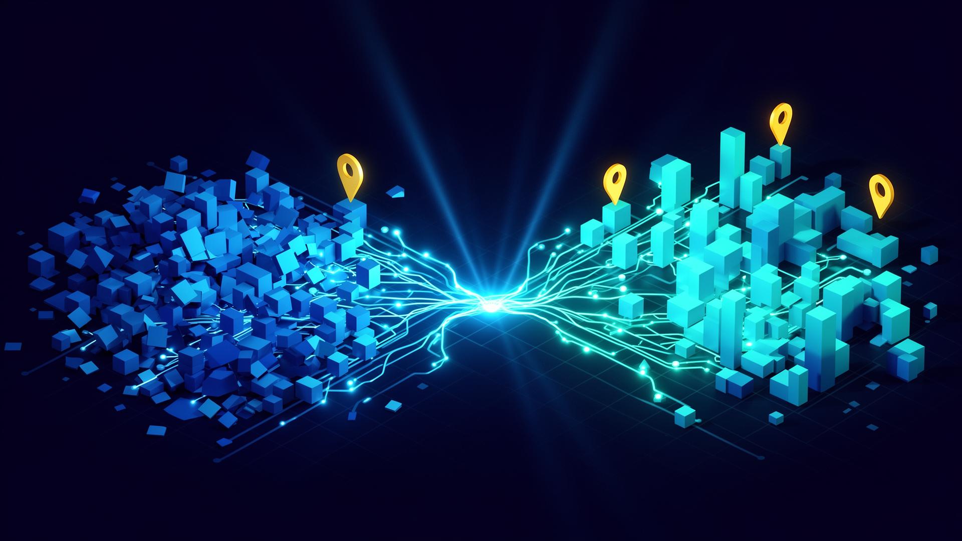 Abstrakte Visualisierung der AI Transformation: chaotische Datenstrukturen werden über glühende neuronale Pfade in geordnete Architektur überführt