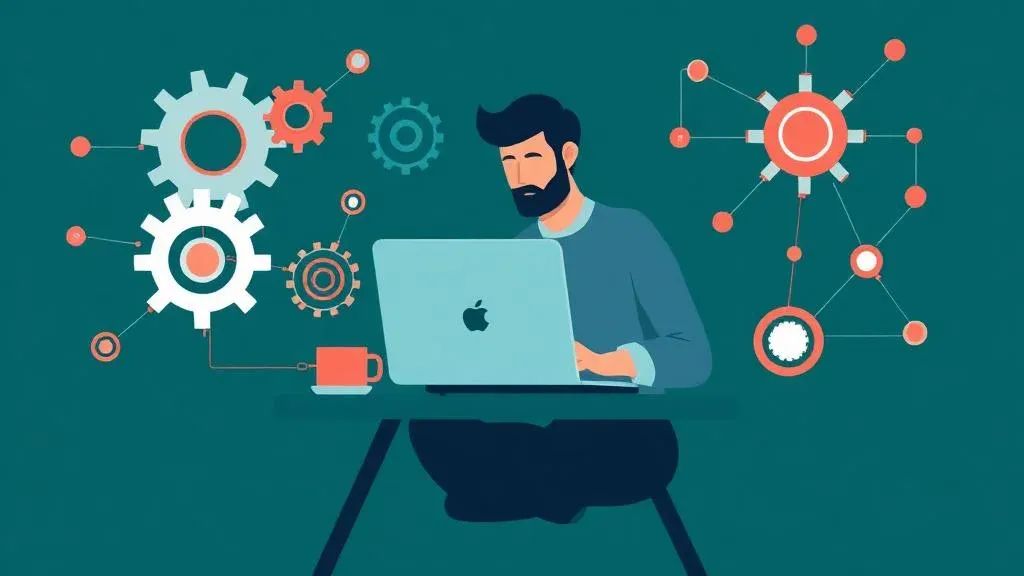 Founder building automated workflows on a laptop with connected tool icons