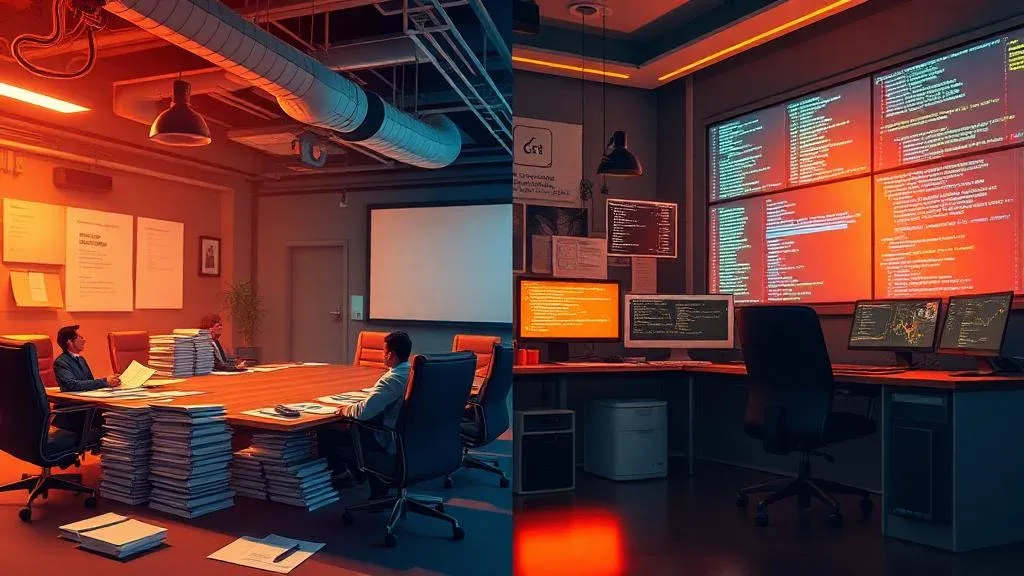 Comparison between traditional consulting with PowerPoint stacks and modern AI-native workspace with live code