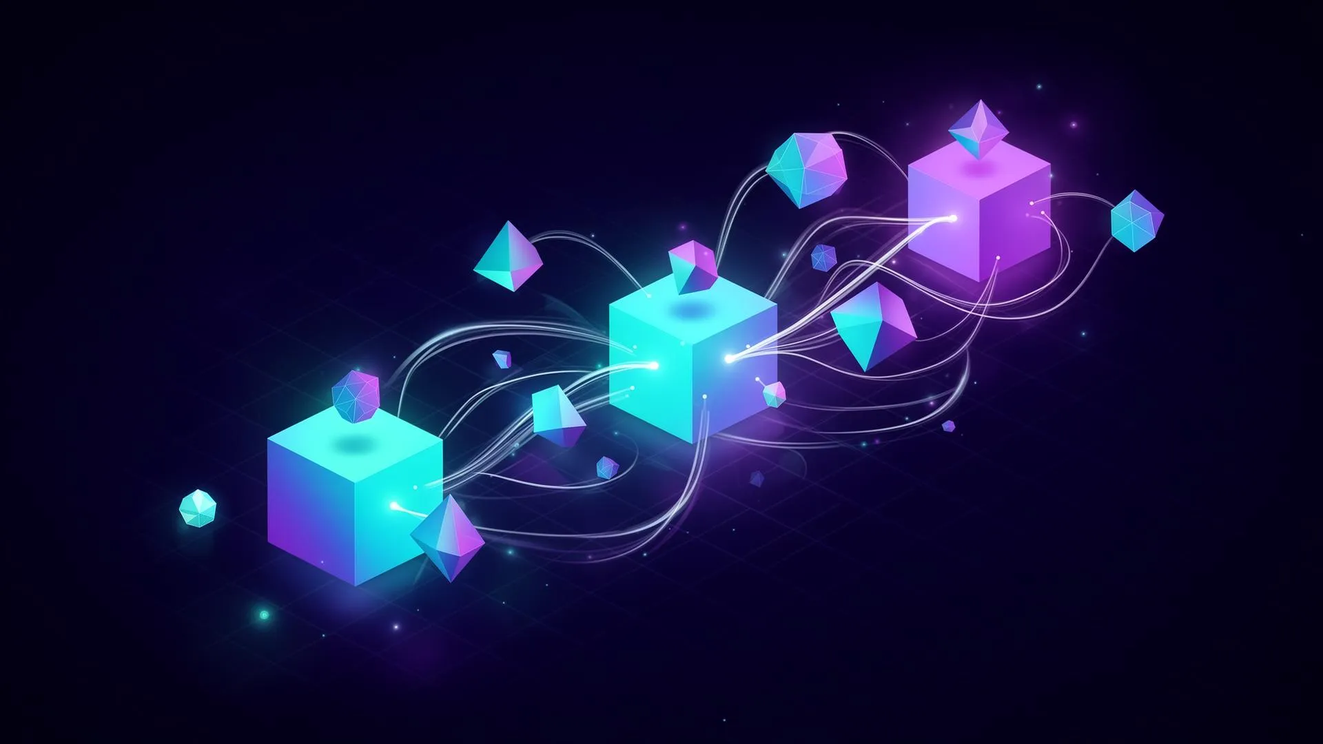 Abstrakte Illustration parallel arbeitender Coding-Agents in Sandboxes – Cyan, Indigo und Violett auf dunklem Hintergrund