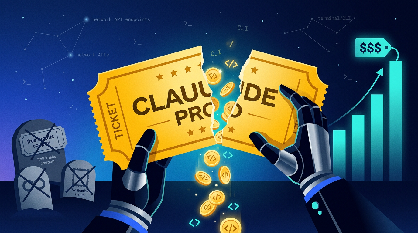 Two robotic hands tearing a golden Claude Pro ticket in half while token coins spill out, with a rising price chart in the background