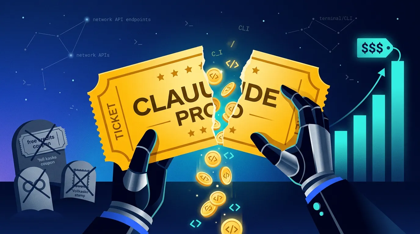 Two robotic hands tearing a golden Claude Pro ticket in half while token coins spill out, with a rising price chart in the background