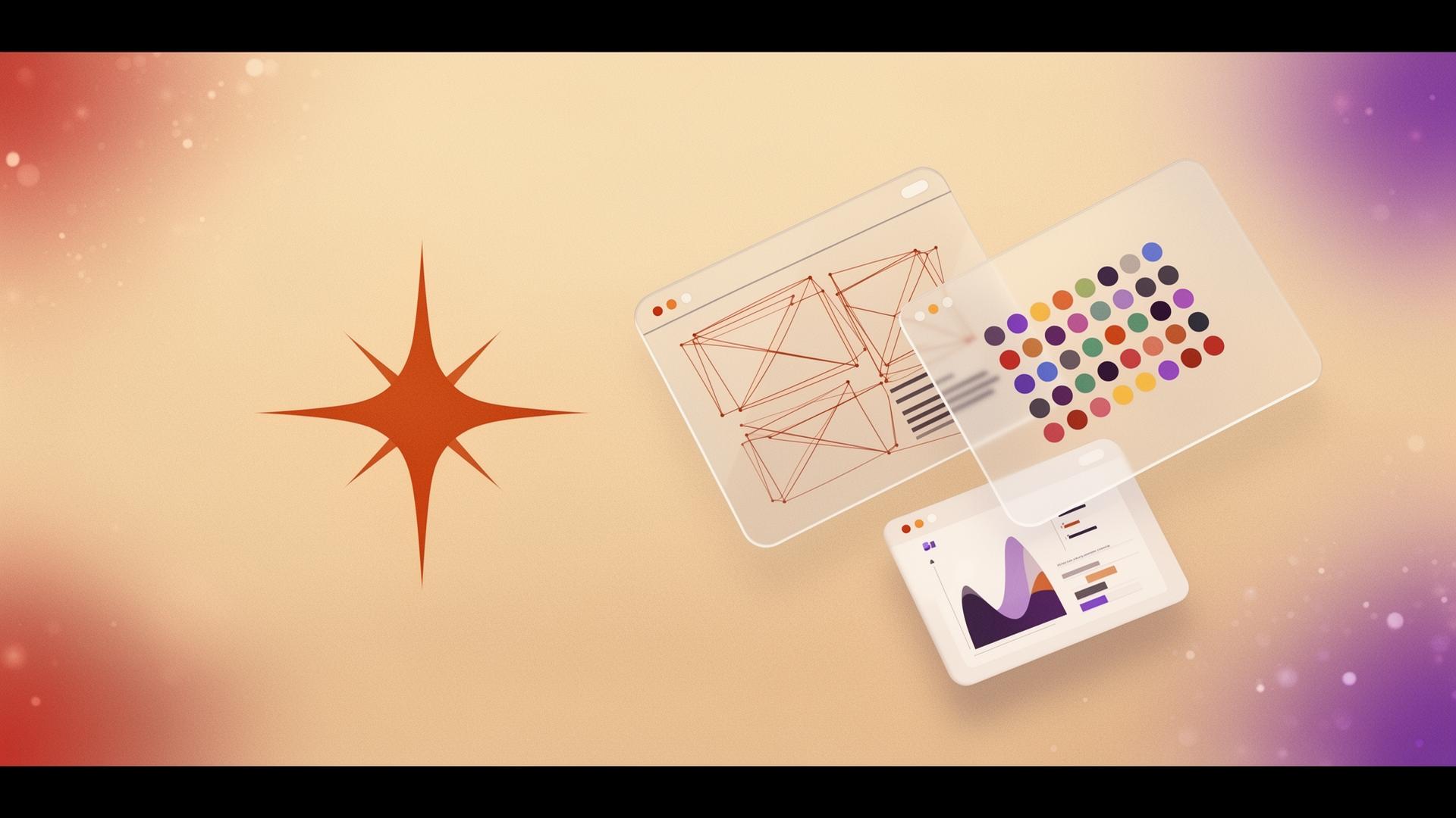 Editorial illustration of the Claude Design launch – warm sand-tone background with the rust-orange Claude spark motif, glassmorphic UI panels showing a wireframe, color tokens, and a dashboard mockup, with subtle Adobe-red and Figma-purple accents hinting at the market disruption.