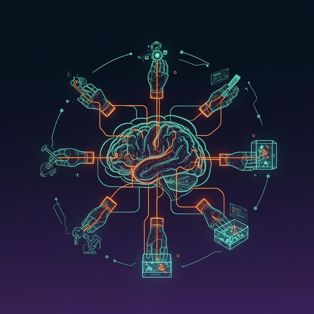 Claude Managed Agents Architektur – Gehirn verbunden mit mehreren Händen für Tools und Sandboxes