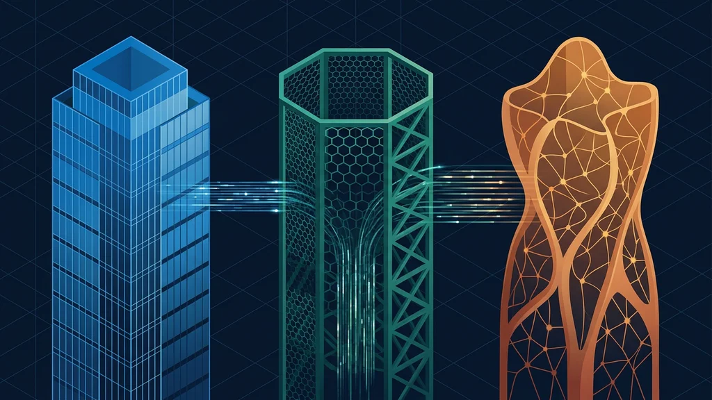 Three architectures compared – structured grid, open mesh, and neural network as symbols for Copilot, OpenClaw, and Claude
