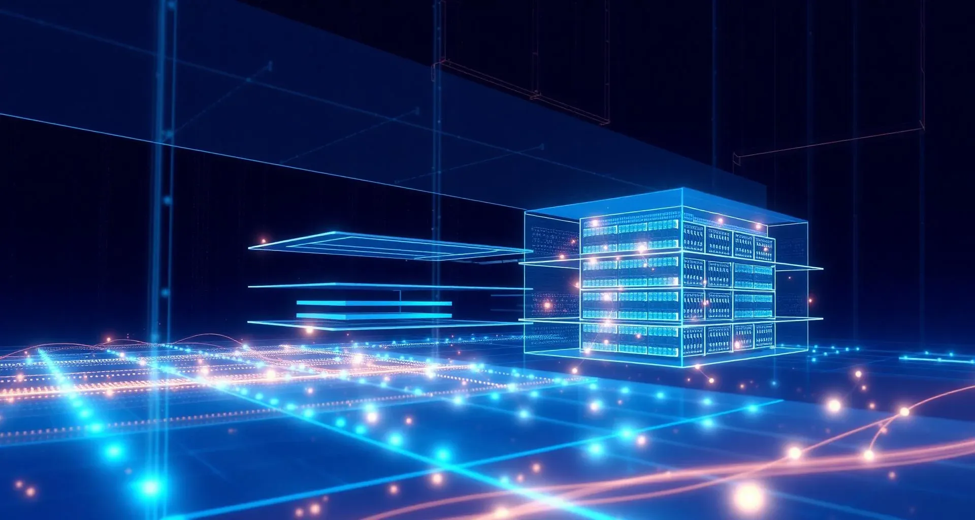 Abstrakte Visualisierung eines modernen AI-First Data Warehouse Stacks mit vernetzten Datenschichten, neuronalen Netzwerken und leuchtenden Datenströmen in Blau und Cyan