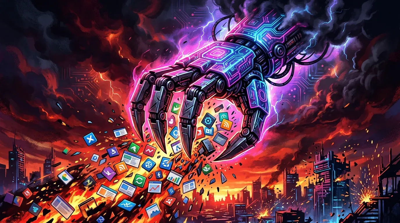 Apokalyptische Skyline mit einem riesigen Code-Totenkopf über SaaS-Gebäuden