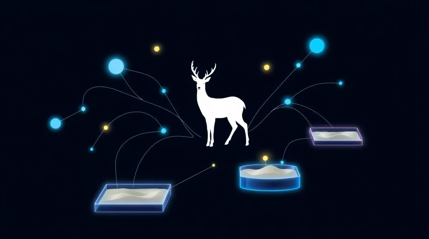 Abstract illustration of a deer silhouette connected to isolated sandbox containers via glowing flow lines