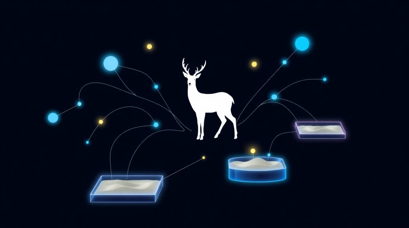 Abstrakte Illustration einer Hirschsilhouette, verbunden mit isolierten Sandbox-Containern über leuchtende Flow-Linien