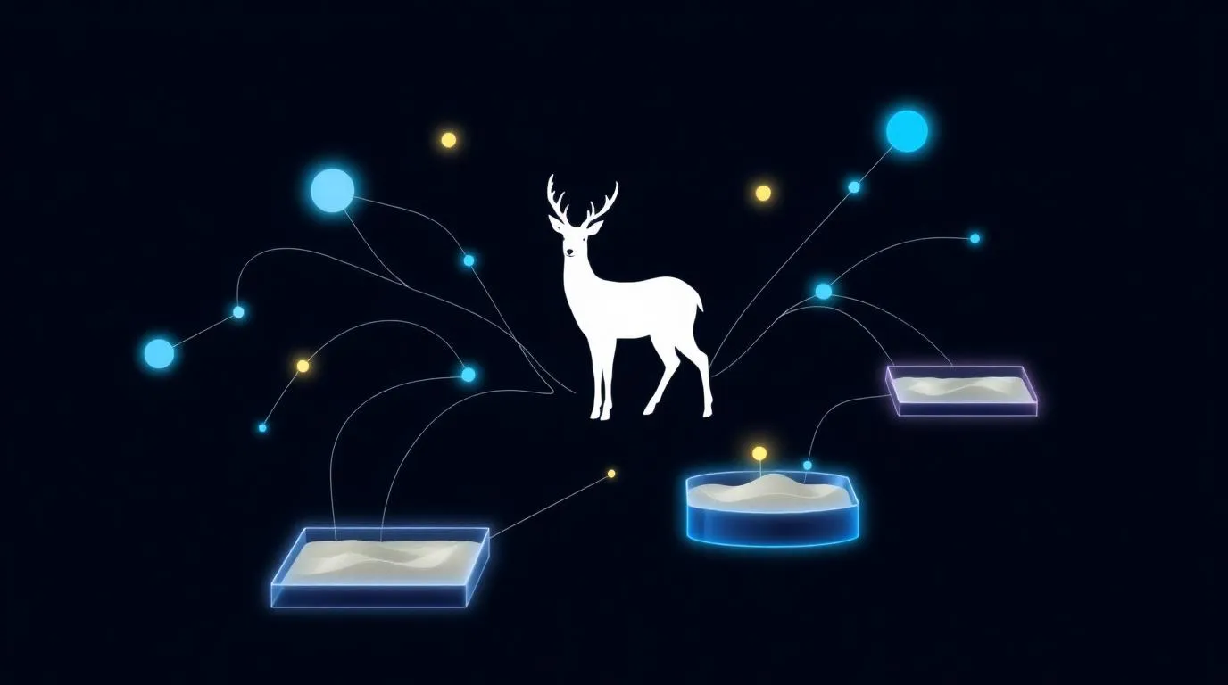 Abstrakte Illustration einer Hirschsilhouette, verbunden mit isolierten Sandbox-Containern über leuchtende Flow-Linien