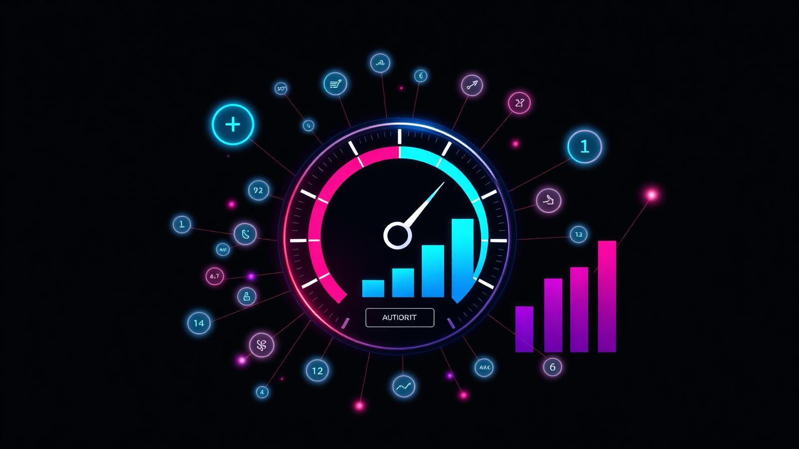 Domain Authority Tachometer mit Backlink-Netzwerk und Score-Visualisierung