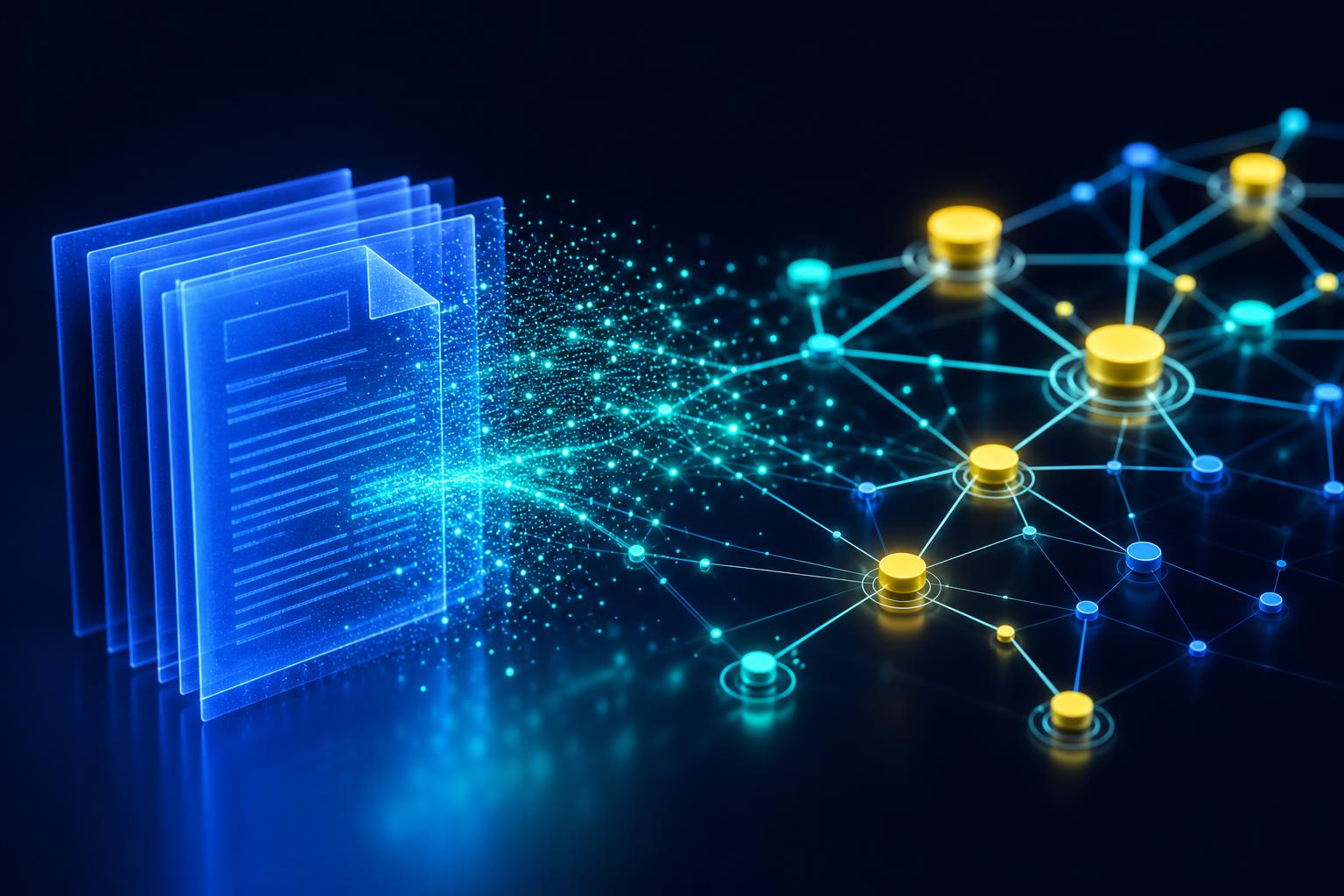 Document stack dissolving into data points and reassembling into a structured knowledge graph