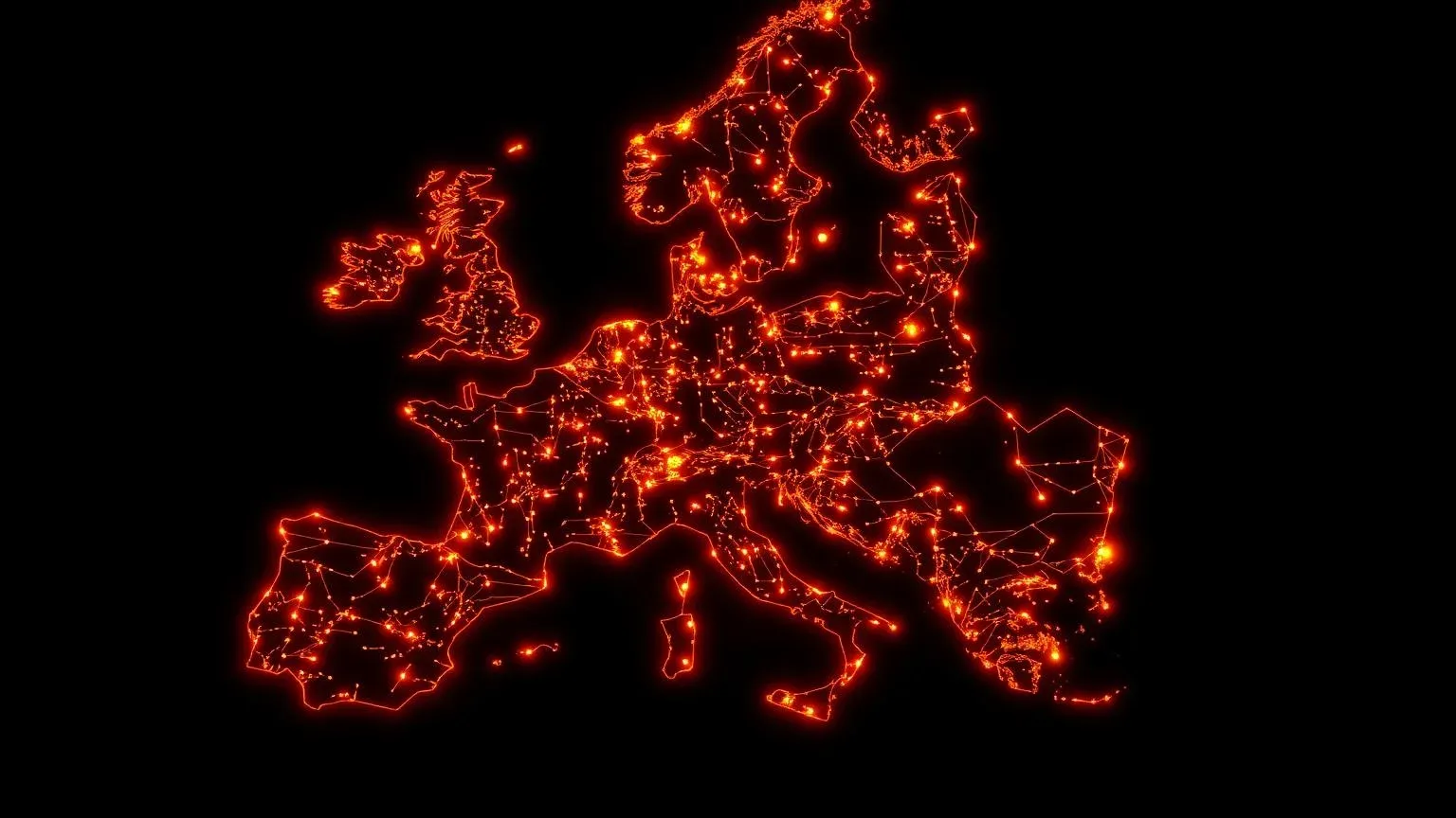 Map of Europe drawn in glowing circuit lines, overloaded GPU nodes