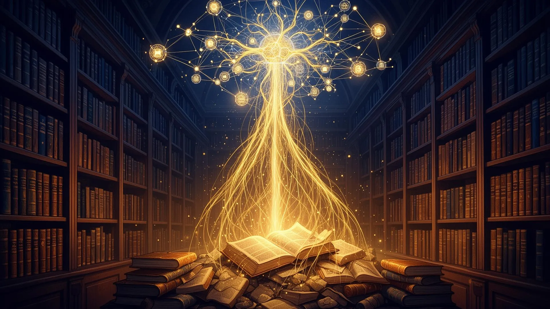 Alte Bibliothek mit Fachbüchern, aus denen goldene Datenströme in einen leuchtenden Knowledge Graph fließen