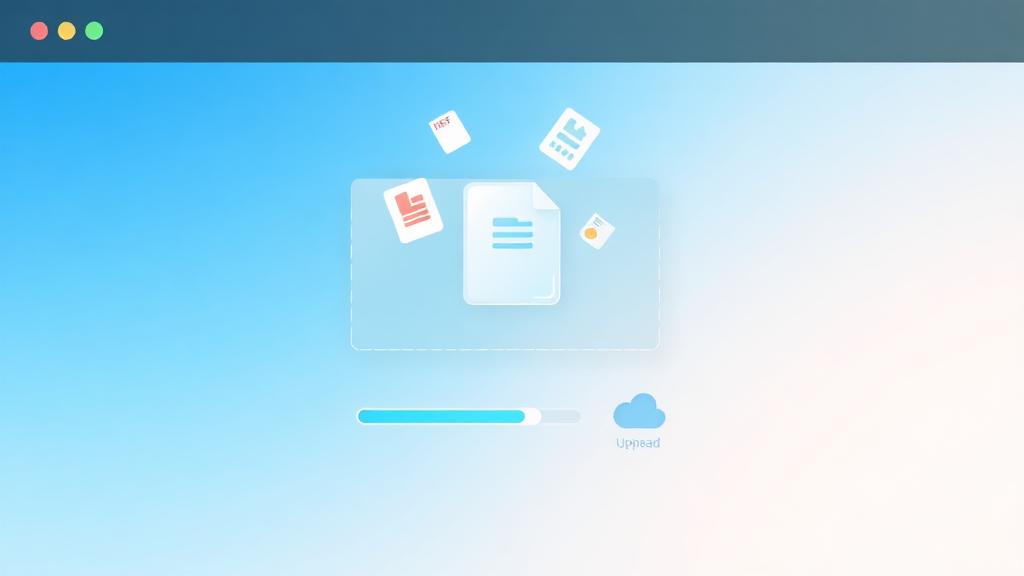 Drag-and-Drop-Upload-Zone mit schwebenden Datei-Icons und Cloud-Storage