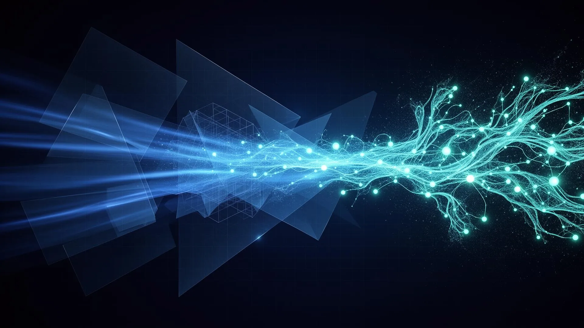 Abstrakte Visualisierung eines organisatorischen Wandels: Traditionelle Strukturen lösen sich in AI-native Engineering-Formen auf, mit fließenden Datenströmen und vernetzten Entscheidungspunkten in Blau und Cyan