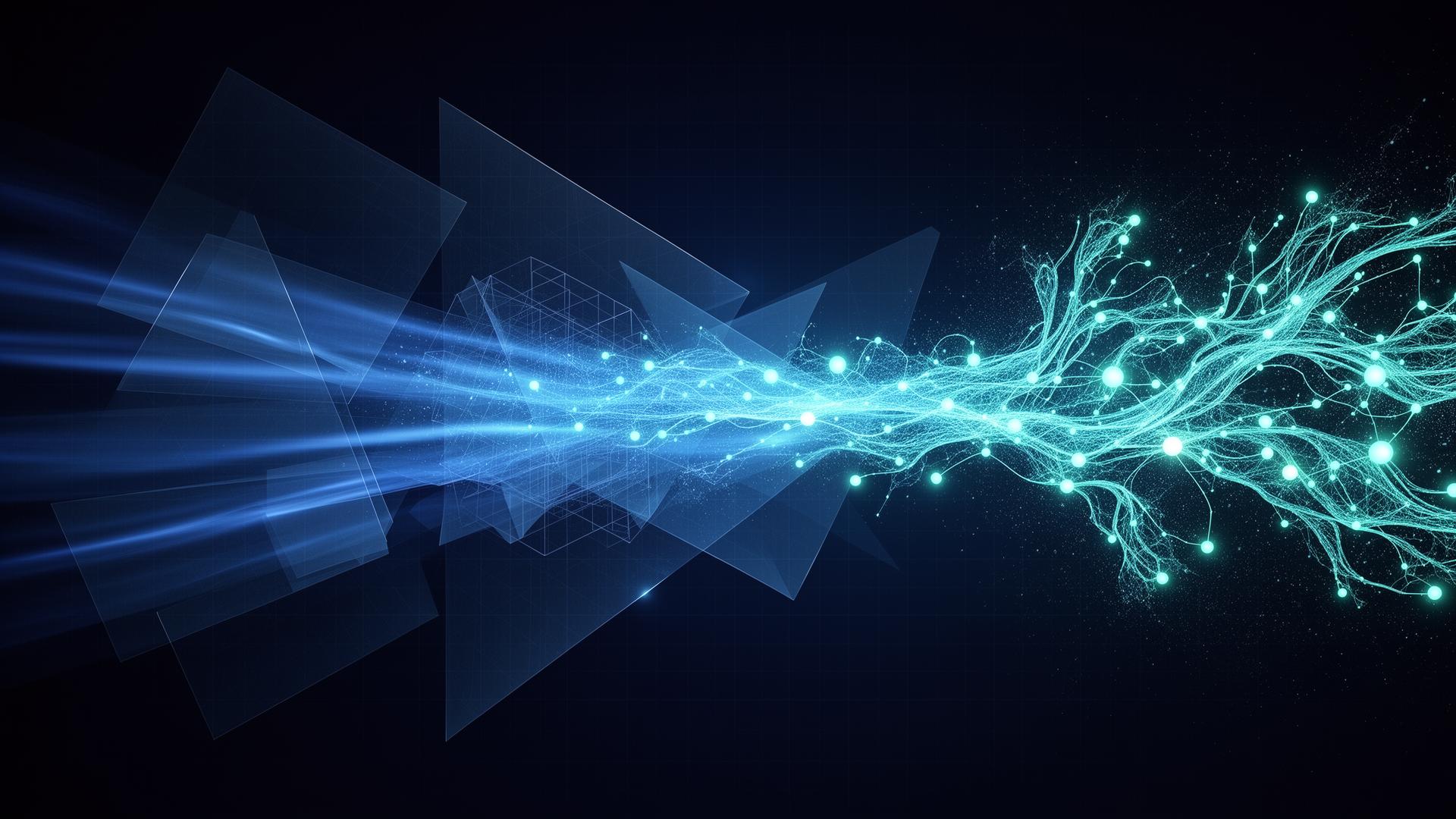 Abstrakte Visualisierung eines organisatorischen Wandels: Traditionelle Strukturen lösen sich in AI-native Engineering-Formen auf, mit fließenden Datenströmen und vernetzten Entscheidungspunkten in Blau und Cyan