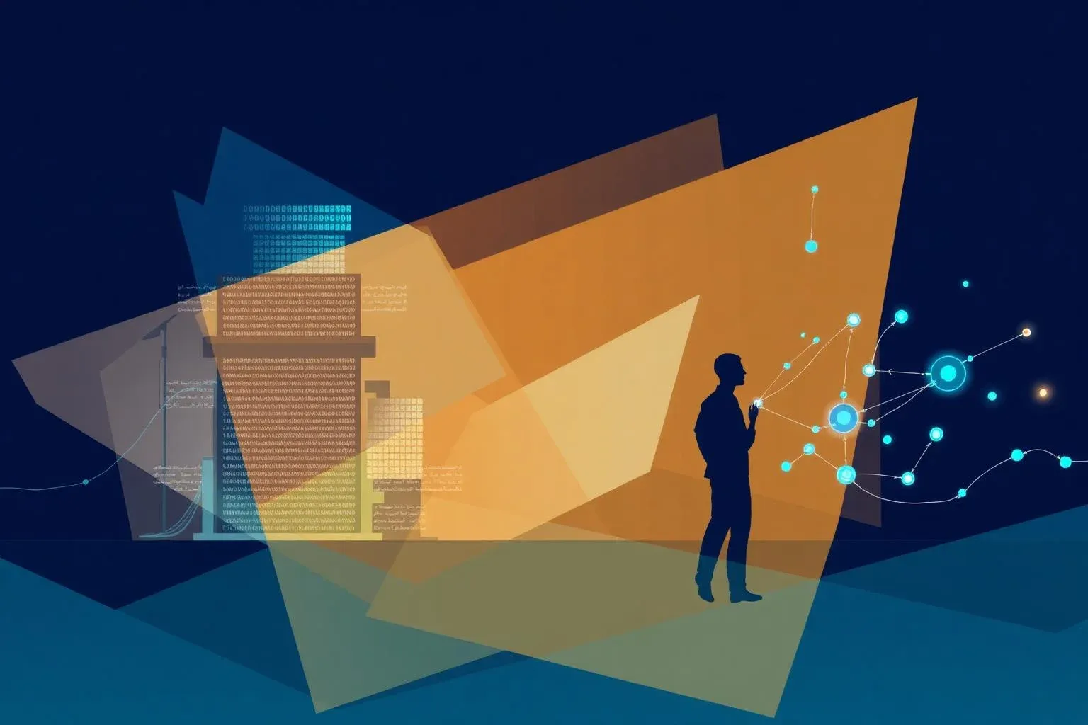 Abstrakte Visualisierung eines organisatorischen Wandels: Traditionelle Strukturen lösen sich in AI-native Engineering-Formen auf, mit fließenden Datenströmen und vernetzten Entscheidungspunkten in Blau und Cyan
