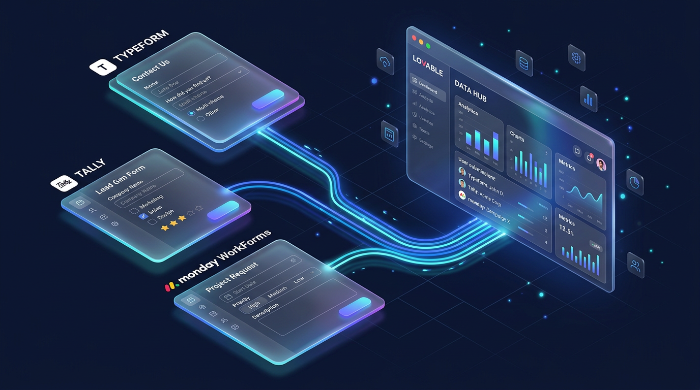 Drei Formular-Tools als schwebende UI-Karten mit Verbindungslinien zu einer Lovable-App