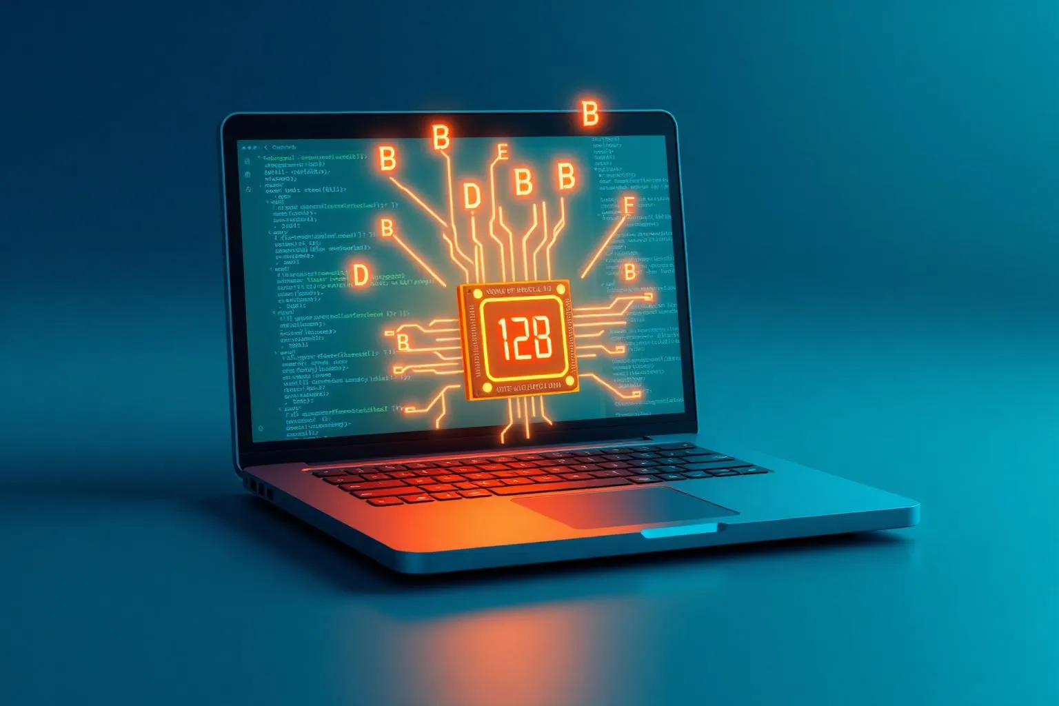 Gemma 4 12B Coder läuft lokal auf einem Entwickler-Laptop – Code-Symbole strömen aus einem 12B-Chip