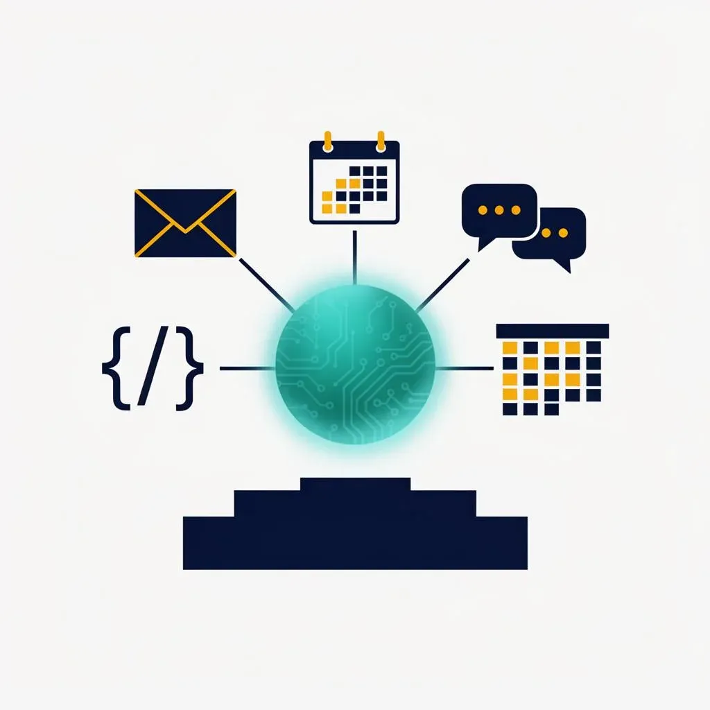 Personal AI agent as central hub, connected to mail, calendar, chat and code – sitting on a secure runtime layer