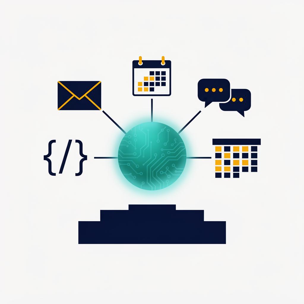 Personal AI agent as central hub, connected to mail, calendar, chat and code – sitting on a secure runtime layer