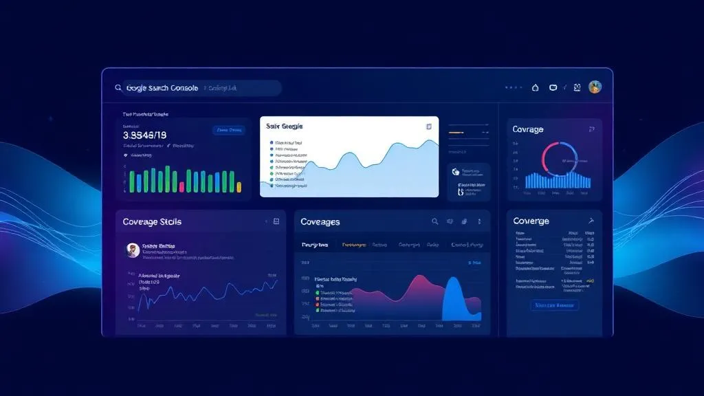 Google Search Console dashboard with performance graphs and coverage reports