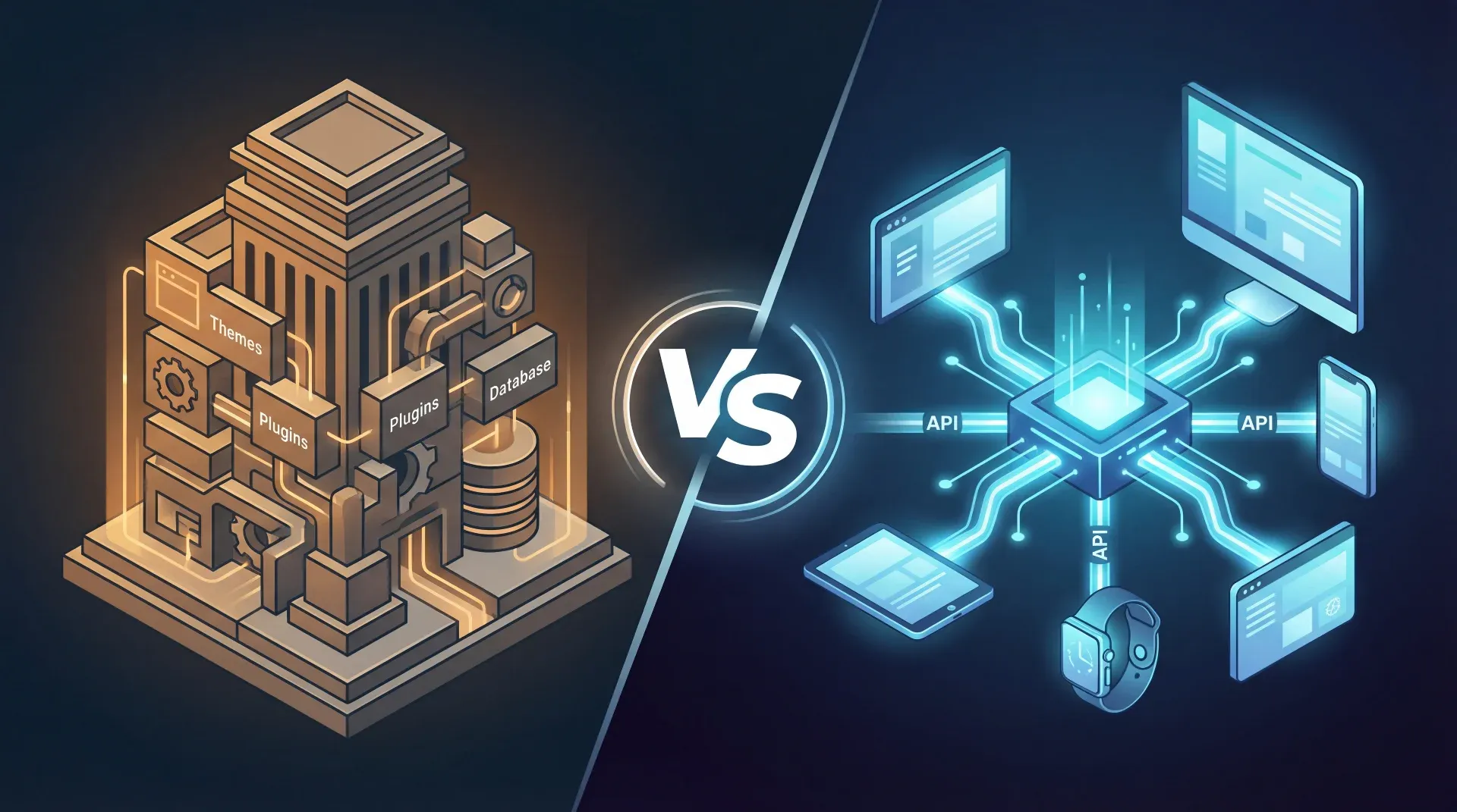 Comparison of a traditional CMS with one screen versus a Headless CMS with API hub and multiple devices