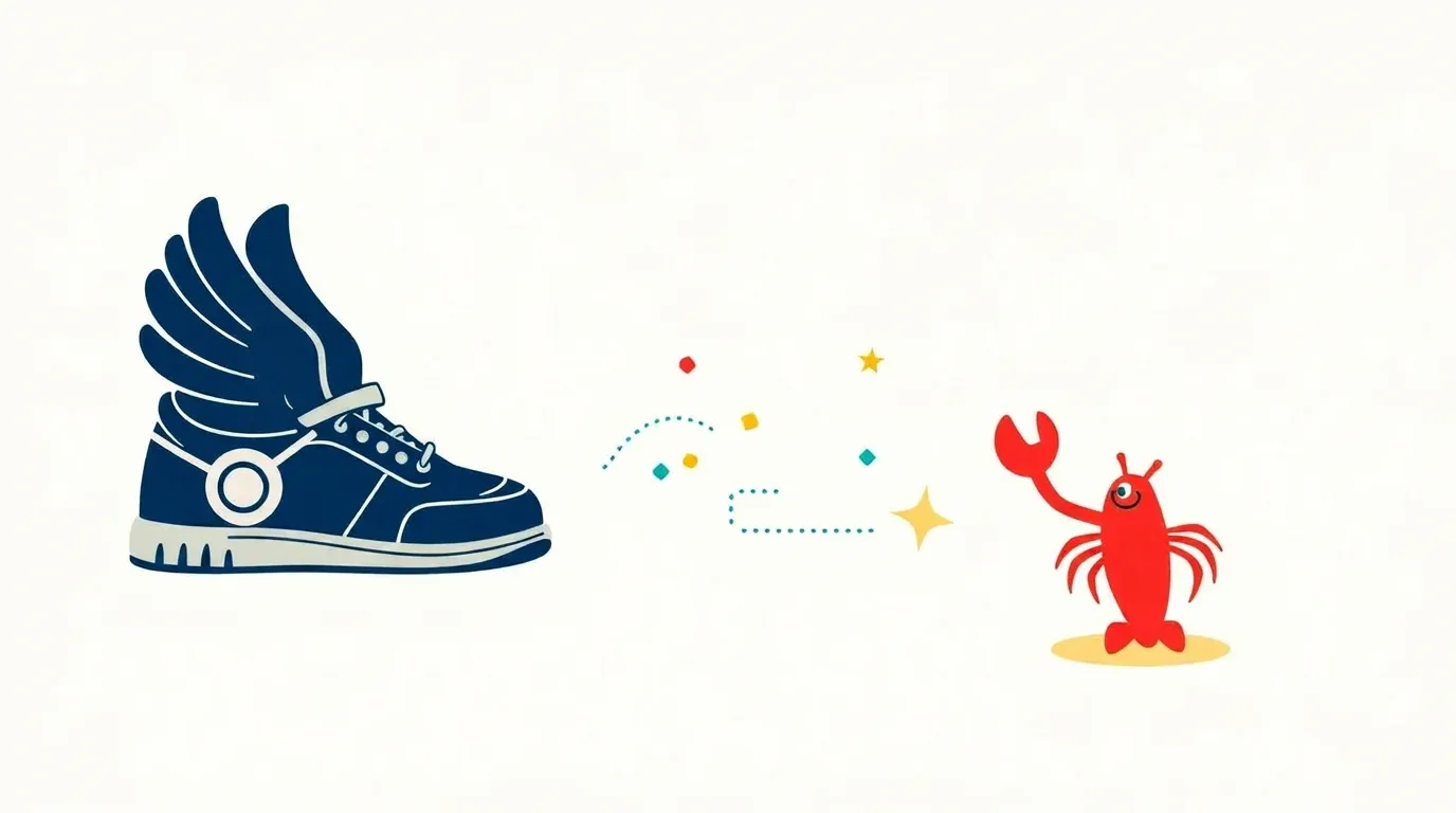 Winged sandal-sneaker with headphones – abstract Hermes logo next to a red lobster figurine