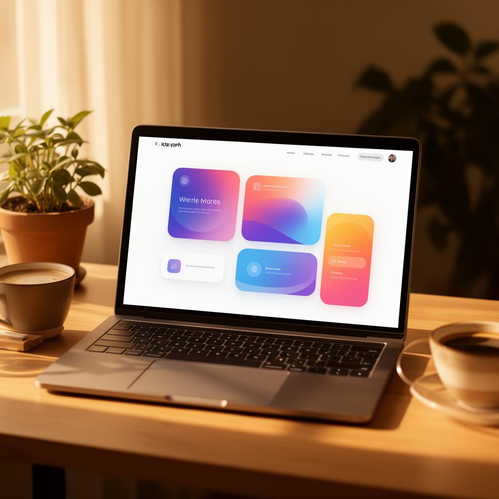 Laptop mit farbenfrohem immersivem Website-Design auf einem warmen Schreibtisch