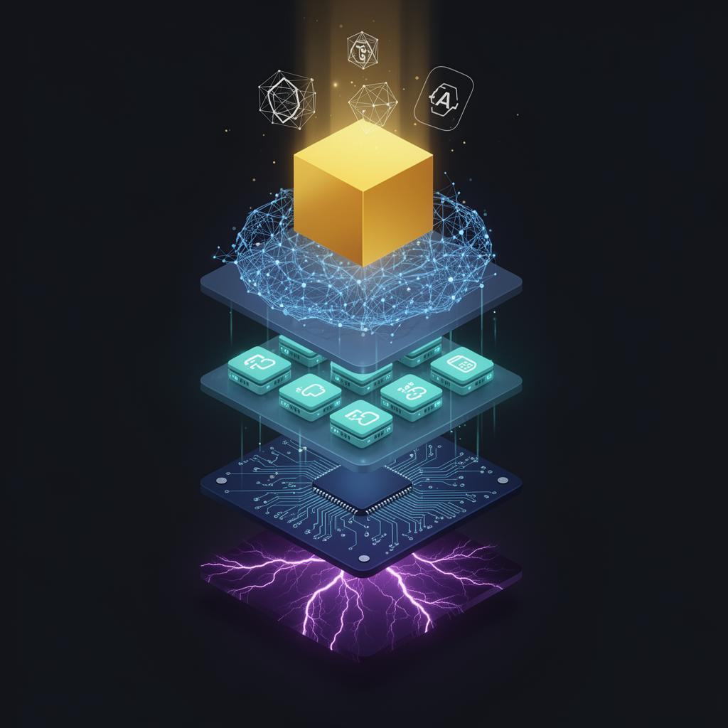 AI value chain as a stratified cake: energy, chips, cloud, models, with the golden application layer on top as the value generator