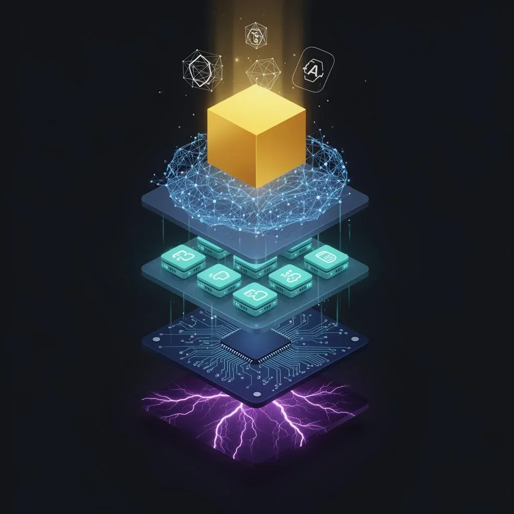 Schichtmodell der AI-Wertschöpfung: Energie, Chips, Cloud, Modelle und obenauf der goldene Application Layer als Wertgenerator