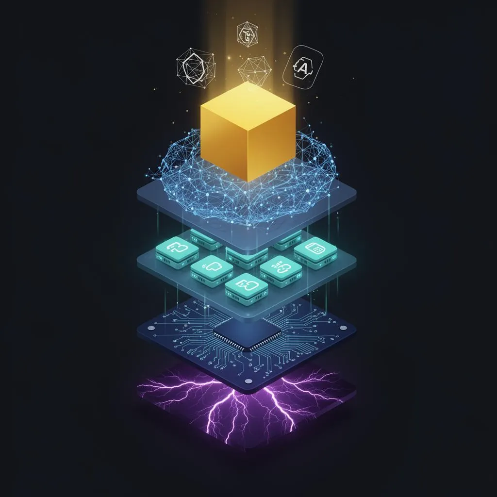 Schichtmodell der AI-Wertschöpfung: Energie, Chips, Cloud, Modelle und obenauf der goldene Application Layer als Wertgenerator