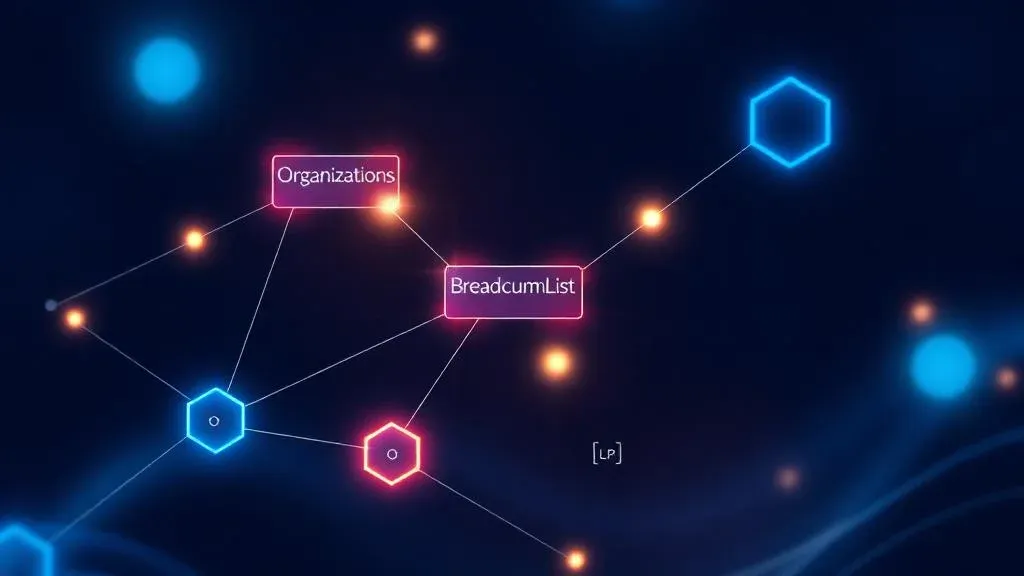 Connected schema nodes as a glowing graph on dark background