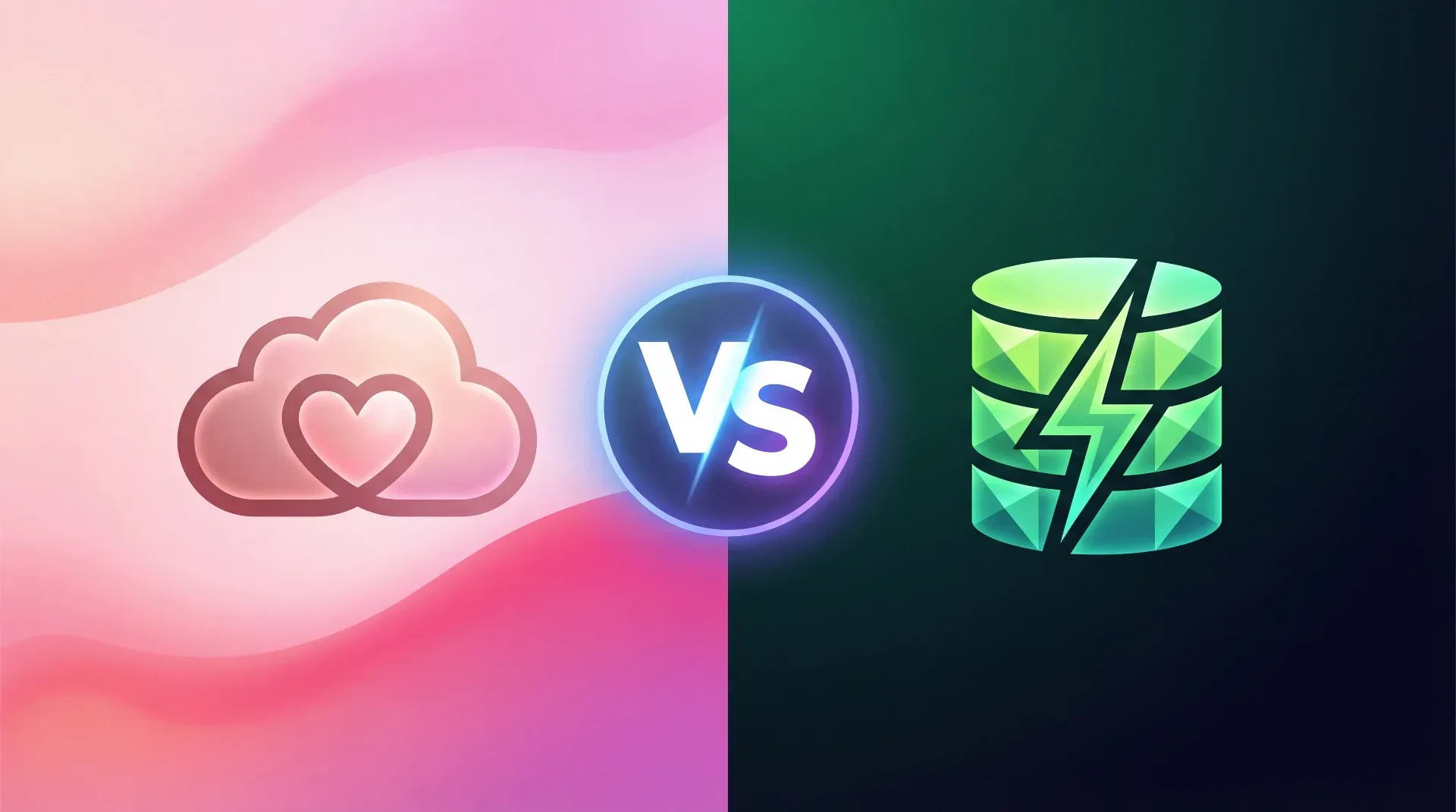 Lovable Cloud vs Supabase Vergleich – rosafarbene Cloud mit Herz gegen grüne Supabase-Datenbank