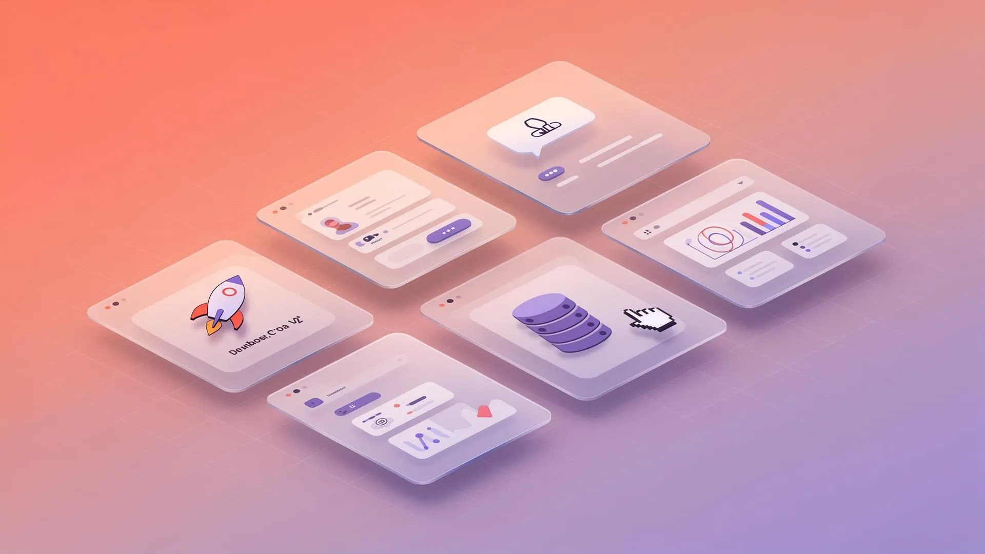 Abstrakte UI-Karten mit Rakete, Chat-Bubble, Datenbank und Cursor – visuelle Metapher für das Lovable Feature-Roundup Mai/Juni 2026