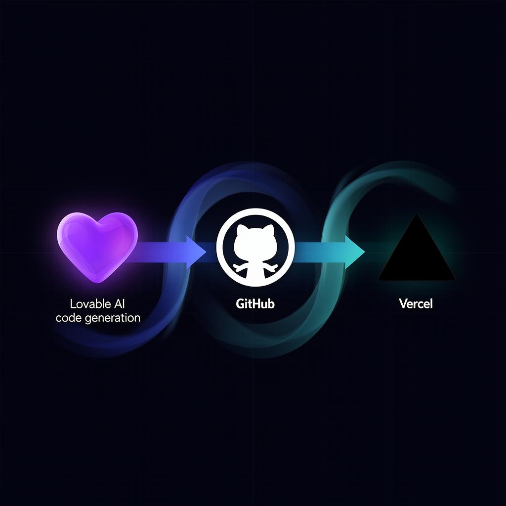 Pipeline-Diagramm mit drei Stationen: Lovable, GitHub, Vercel