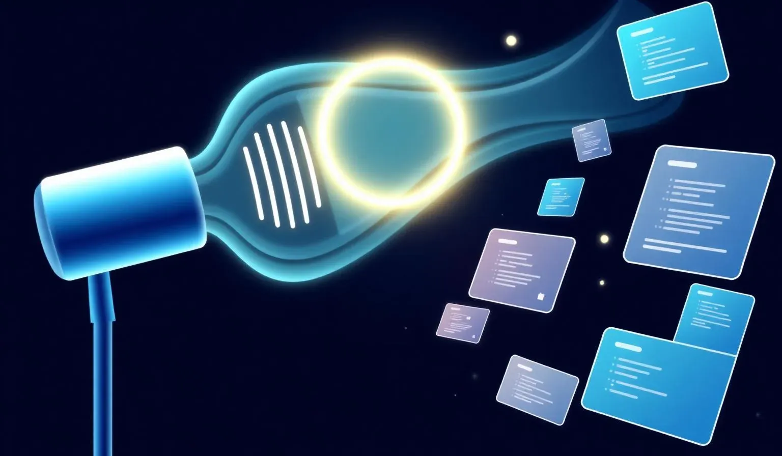 Stylised microphone turning sound waves into floating code and UI cards