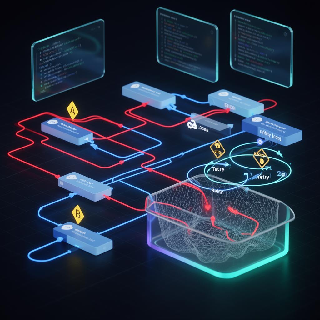 Visualization of a make.com scenario with error routes, retry loops, and breakpoint markers