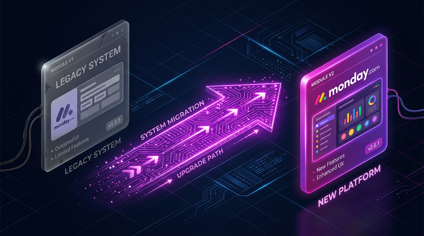 Make.com Module Migrator Oberfläche zeigt Migration von monday.com V1 auf V2 Module