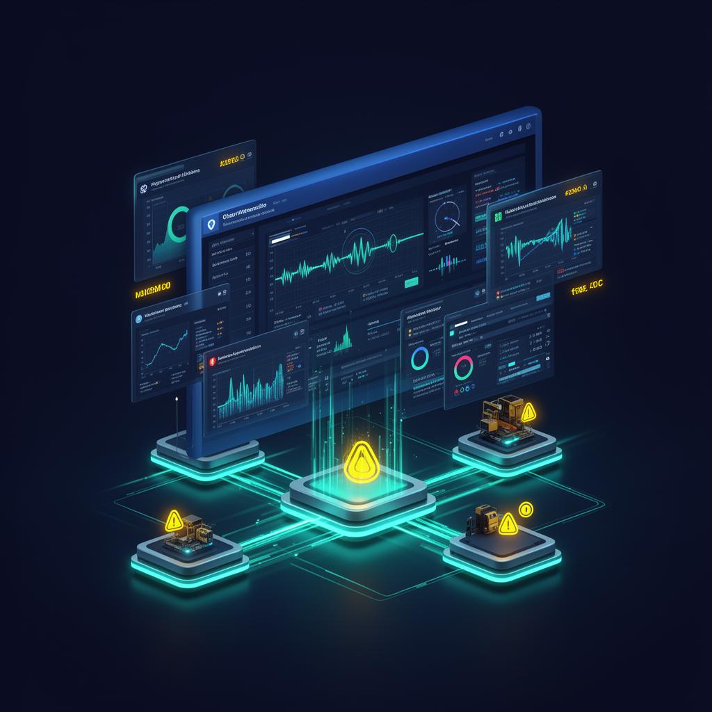 3D-Visualisierung eines Observability-Stacks mit Datadog-Dashboards, Heartbeats und Make-Szenario-Karten